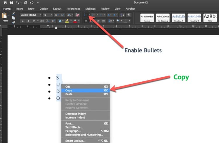 Bullets in Microsoft Word
