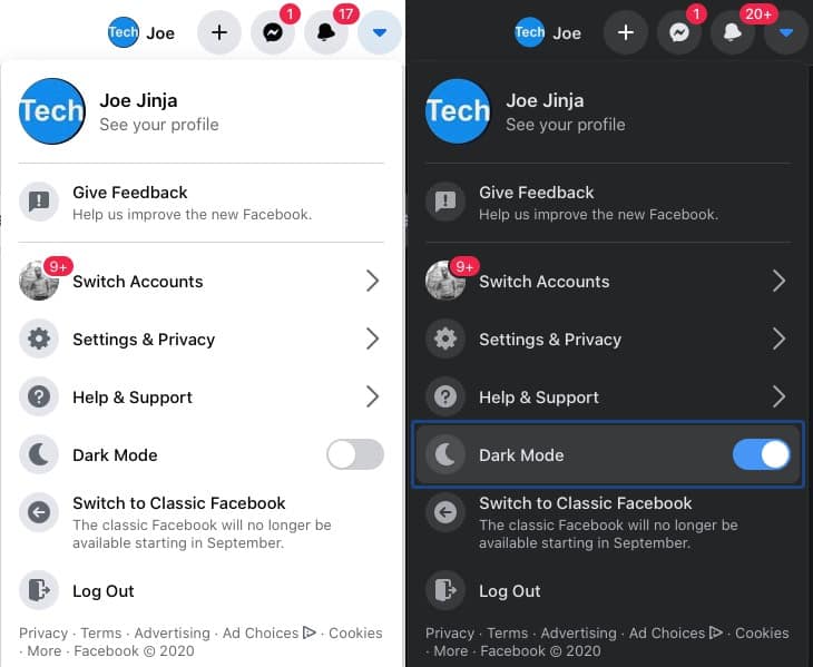 How to turn-on Facebook dark mode