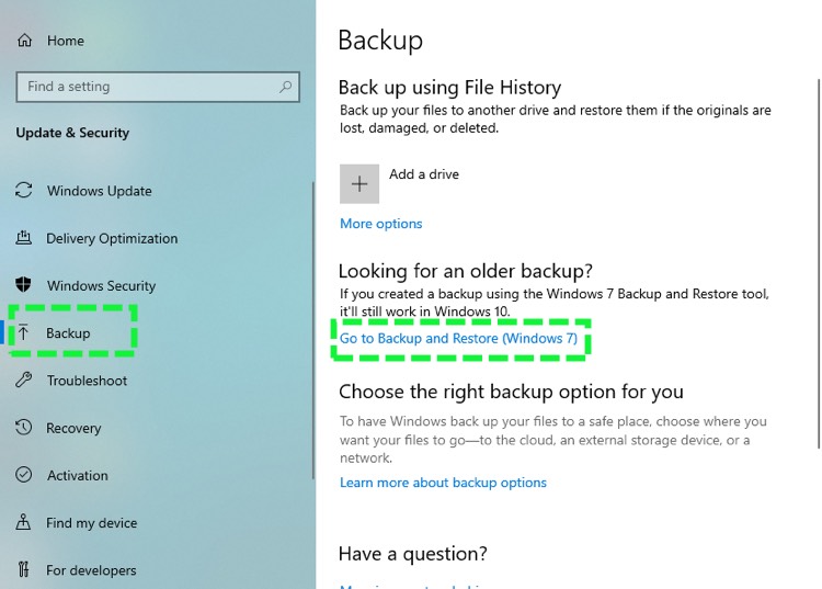 Windows 10 Backup settings option