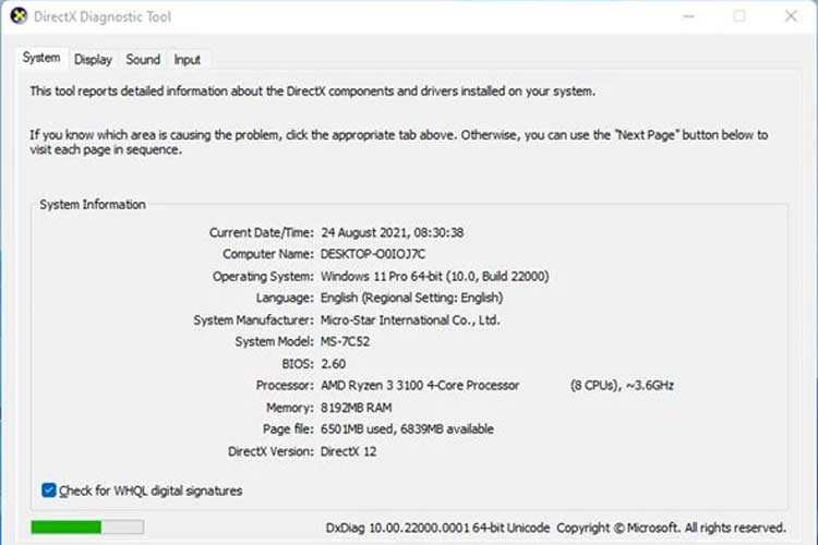 Windows 11 Direct X Computer Specifications
