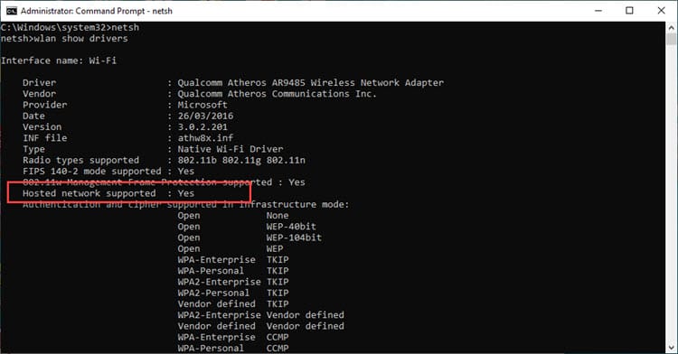 Windows Command Prompt Hosted Network Support