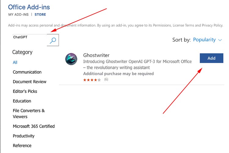 ChatGPT Ghostwriter Microsoft Office Add-in
